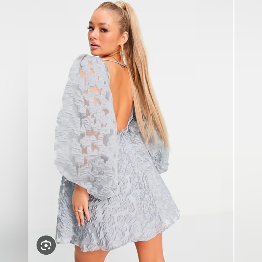 ASOS Design Retro Floral Puff Sleeve Dress Size 0 80's Blue-Gray